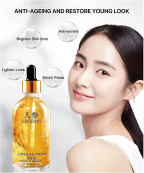 Skincare product with a woman's face and text about anti-aging benefits on a white background